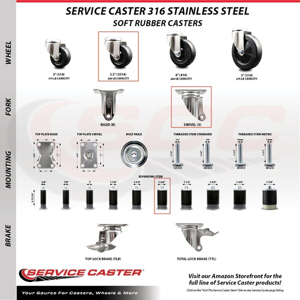 Service Caster 3.5 Inch 316SS Soft Rubber Swivel 1-3/8 Inch Expanding Stem Caster Brake, 2PK SCC-SS316EX20S3514-SRS-2-TLB-2-138 - main